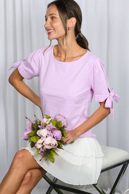 Round Neck Bow Tie Sleeve 100%Cotton Solid Knit Top VT51604: Red / L